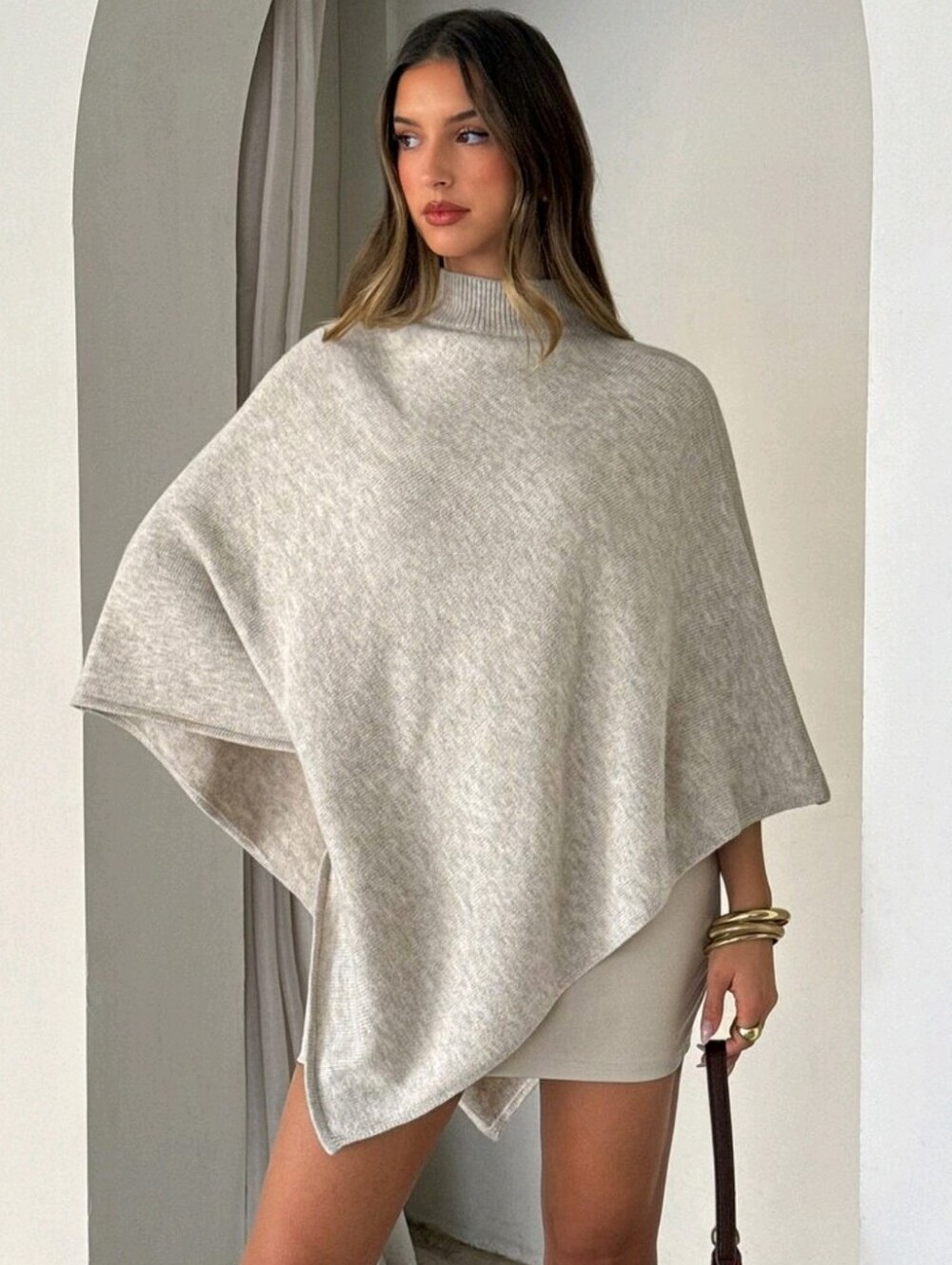 Women's Autumn/Winter New Shawl Cape Sweater, Khaki Color, Loose Fit - Picture 5 of 8